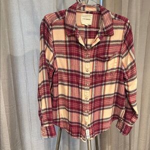 Lucky Brand Plaid Button Down flannel Shirt - pink, and deep red hues.